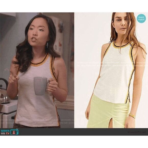 Free People Black Yellow Ivory Bora Bora Racerback Crochet Linen Blend Trim Tank - Picture 8 of 11